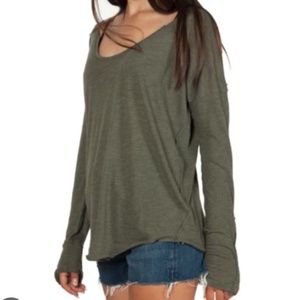We The Free Olive Green Scoop Neck Snap Cuff Long Sleeve Blouse
